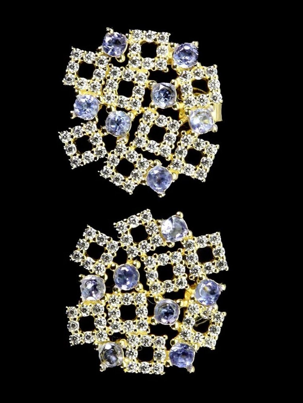 14K yellow gold /925 silver tanzanite geometric stud earrings NEW genuine